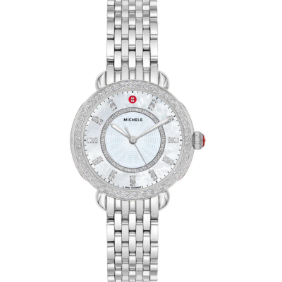 Michele Ladies Sidney Classic Round Stainless Steel Mother of Pearl Diamond Dial – Diamond Bezel Watch
