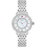 Michele Ladies Sidney Classic Round Stainless Steel Mother of Pearl Diamond Dial – Diamond Bezel Watch