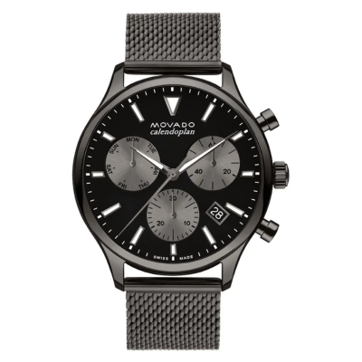 Movado  Heritage Calendoplan Black Chronograph Dial Grey Stainless Steel Men's Watch 3650153