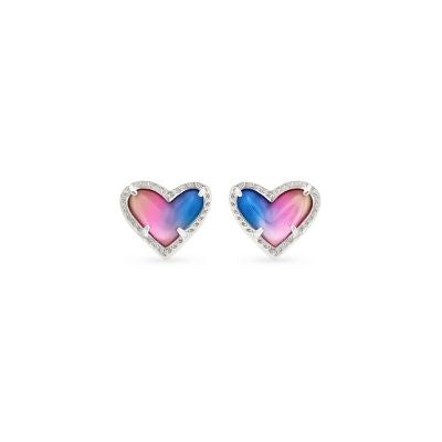 Silver Multi Pink Blue Heart Earrings 