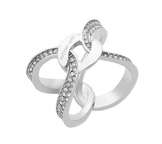Michael Kors Logo Plaque Curb Silver Chain Ring Sz 7