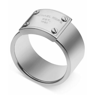 Michael Kors Silver Steel Logo Plate Ring (Sizes 7)