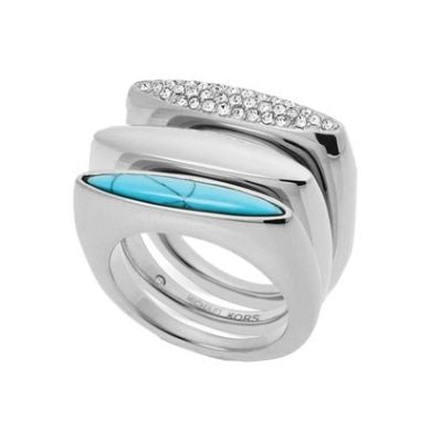Michael Kors Silver Steel Tri-Stack of Rings with Clear Crystal Pave, Plain, and Turquoise (Size 7)