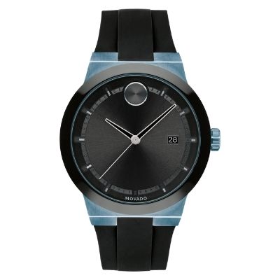 Men's Movado BOLD Fusion Ice Blue-Ion plated Stainless Steel Silicone Black Strap Watch 3600626