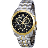 Stainless steel case with a stainless steel bracelet with gold-tone accents. Fixed gold-tone bezel. Black dial with luminous hands and index hour markers. Minute markers. Tachymeter scale appears around the outer rim. Dial Type: analog. Luminescent hands and markers. Date display appears at the 4 o'clock position. Chronograph - three sub-dials displaying: 24 hours, 30 minutes and 60 seconds. Eco-drive movement. Scratch resistant mineral crystal. Sport crown. Screw-back case back. Case diameter: 42 mm. Case 