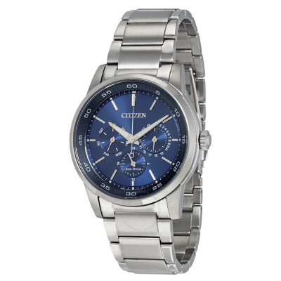 Clean lines, instantly convey a look destined to become a classic, featured in these handsome new men's CITIZEN® Eco-Drive Dress watches, available in both strap and bracelet versions. A stainless steel case and bracelet with blue dial complimented by 12/24-hour time and analog day/date features. Featuring our Eco-Drive technology – powered by light, any light. Never needs a battery. Caliber number 8729.